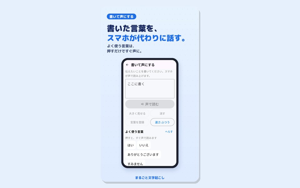 書いて声にする画面。書く欄と声で読むボタン、よく使う言葉のボタン(はい、いいえ、ありがとうございます、すみません)